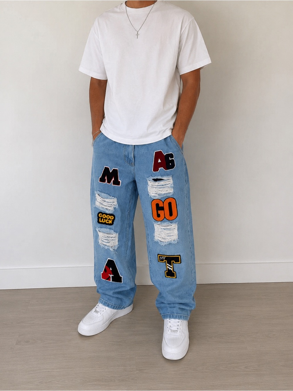 SHEIN Light Blue Distressed Patch Appliqué Relaxed Jeans